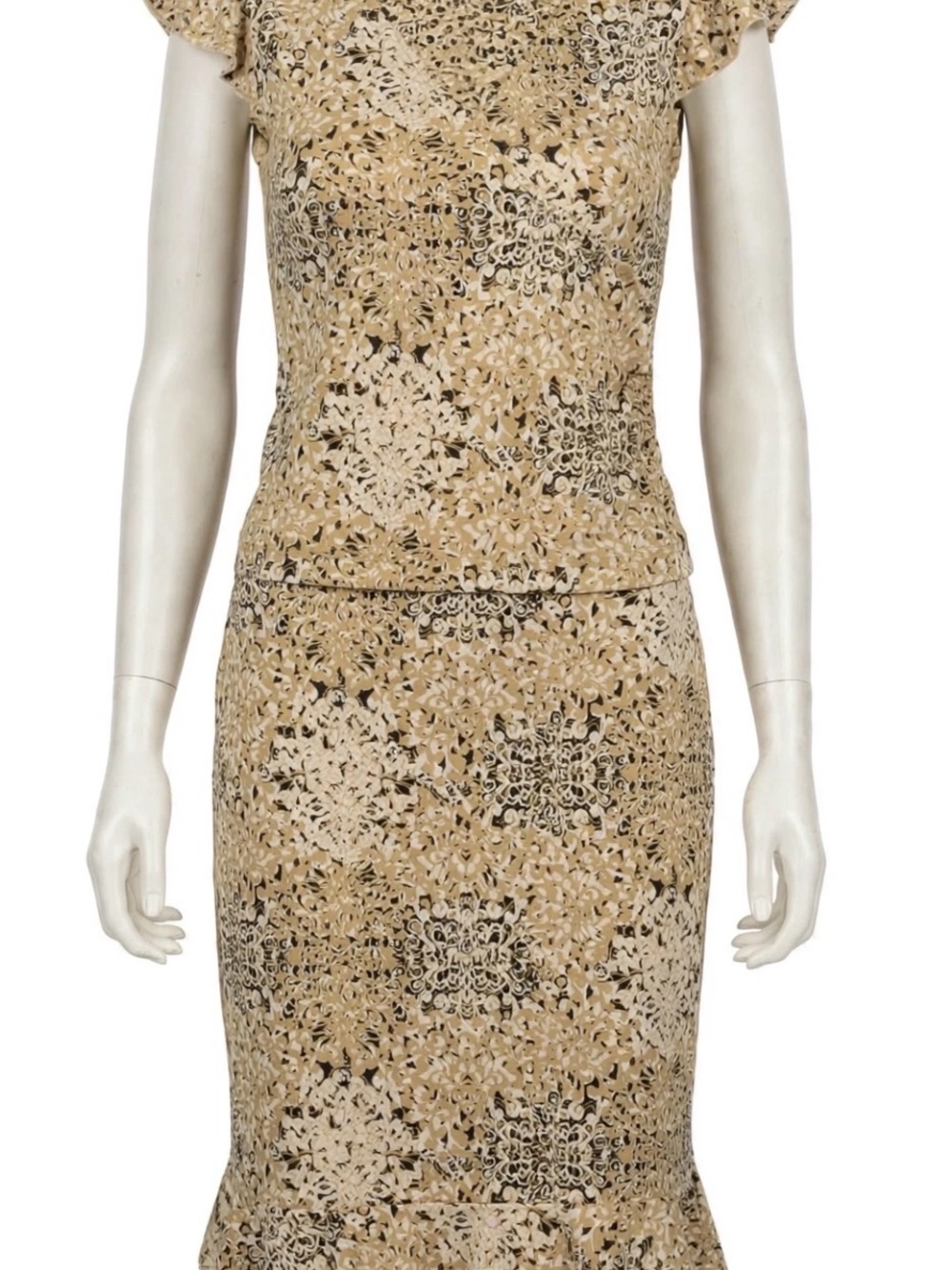 Beige Floral Lace-Effect Pencil Skirt